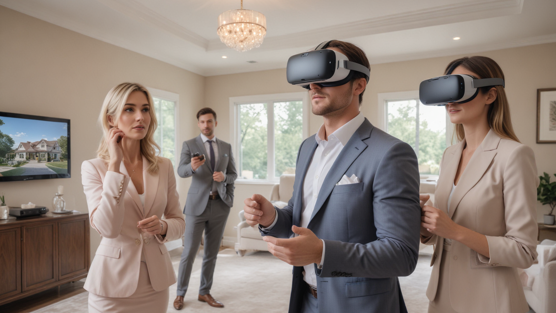 A potential buyer using VR goggles to view a property 