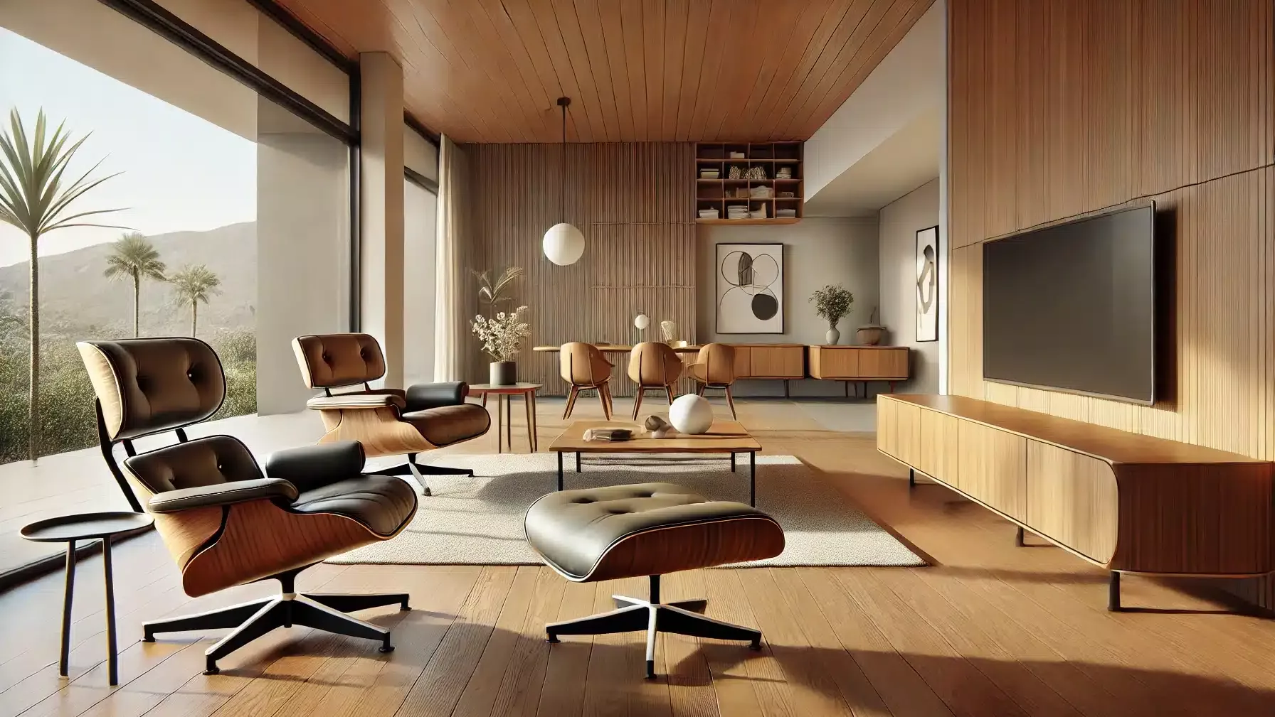 Mid-Century Modern living room with Eames Lounge Chair, Noguchi Coffee Table, and teak wood accents.