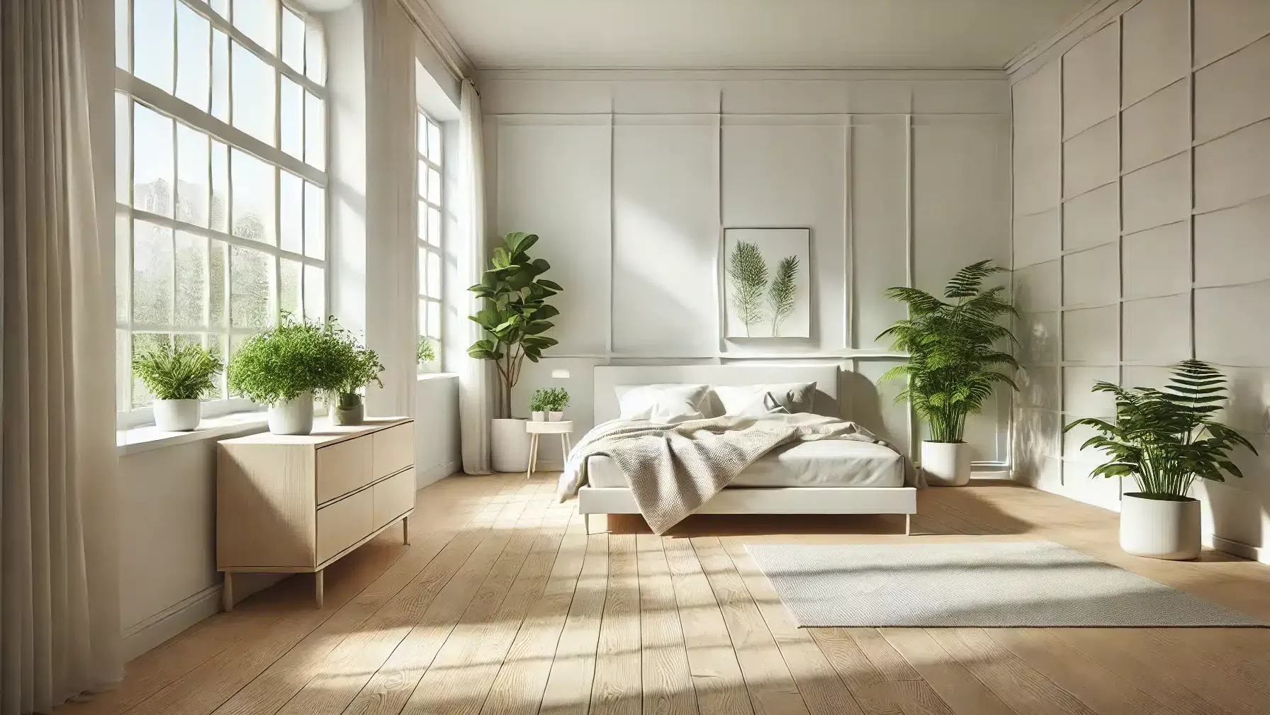 Scandinavian-style bedroom with white walls, light wood flooring, and minimalist furniture.