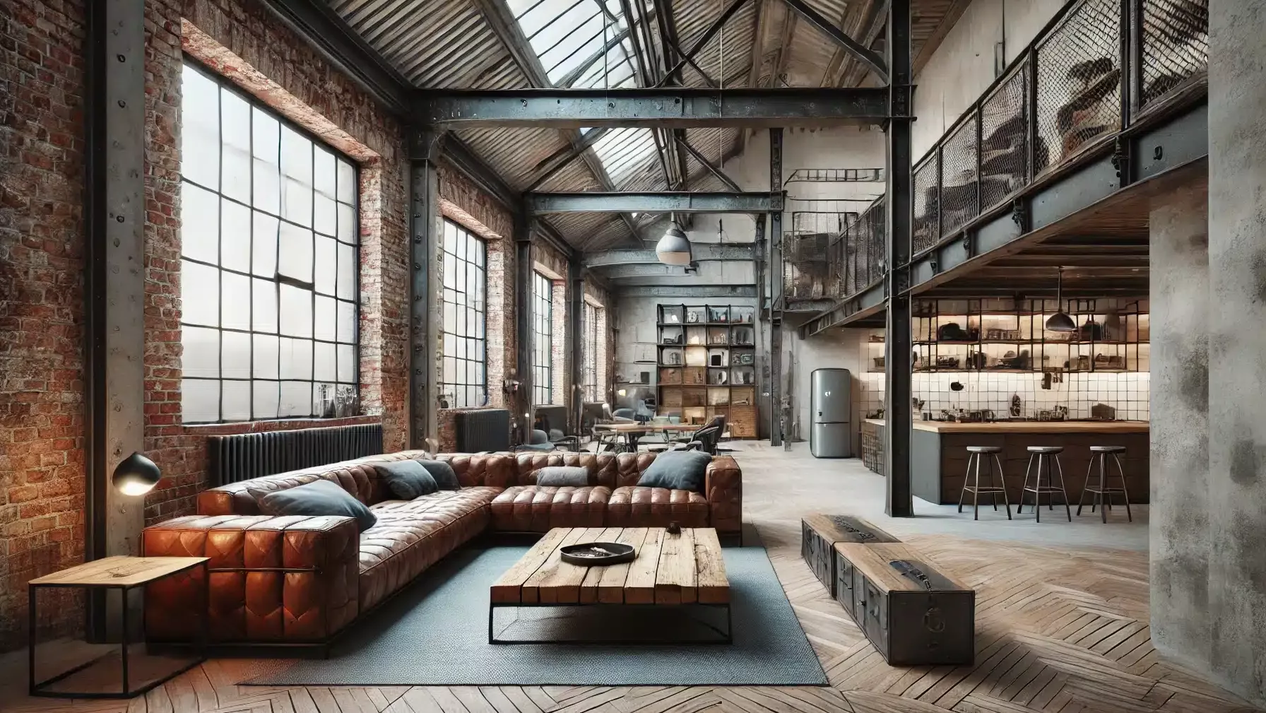 Industrial-style loft with exposed brick walls, metal beams, and large windows.