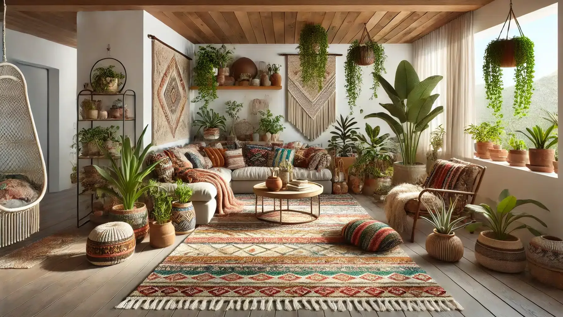 Bohemian living room with layered rugs, vintage furniture, and houseplants.