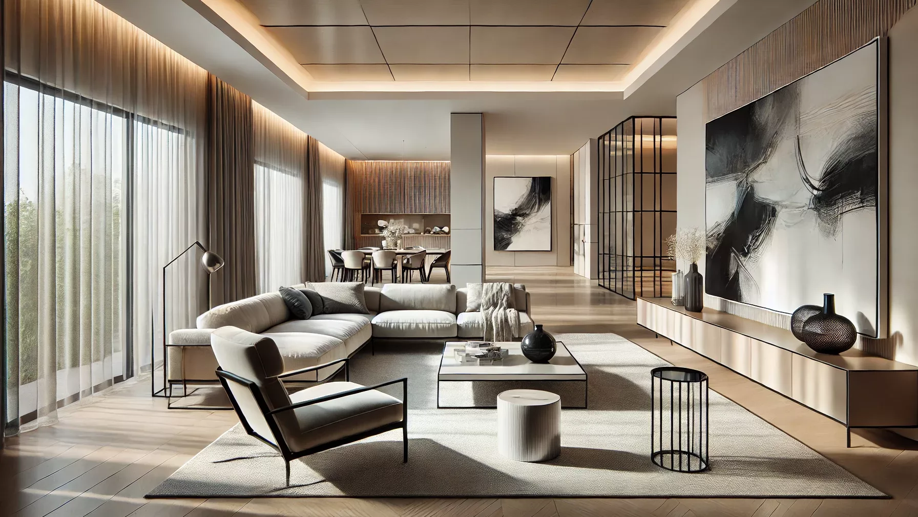 Contemporary living room with sleek furniture, neutral colors, and modern art.