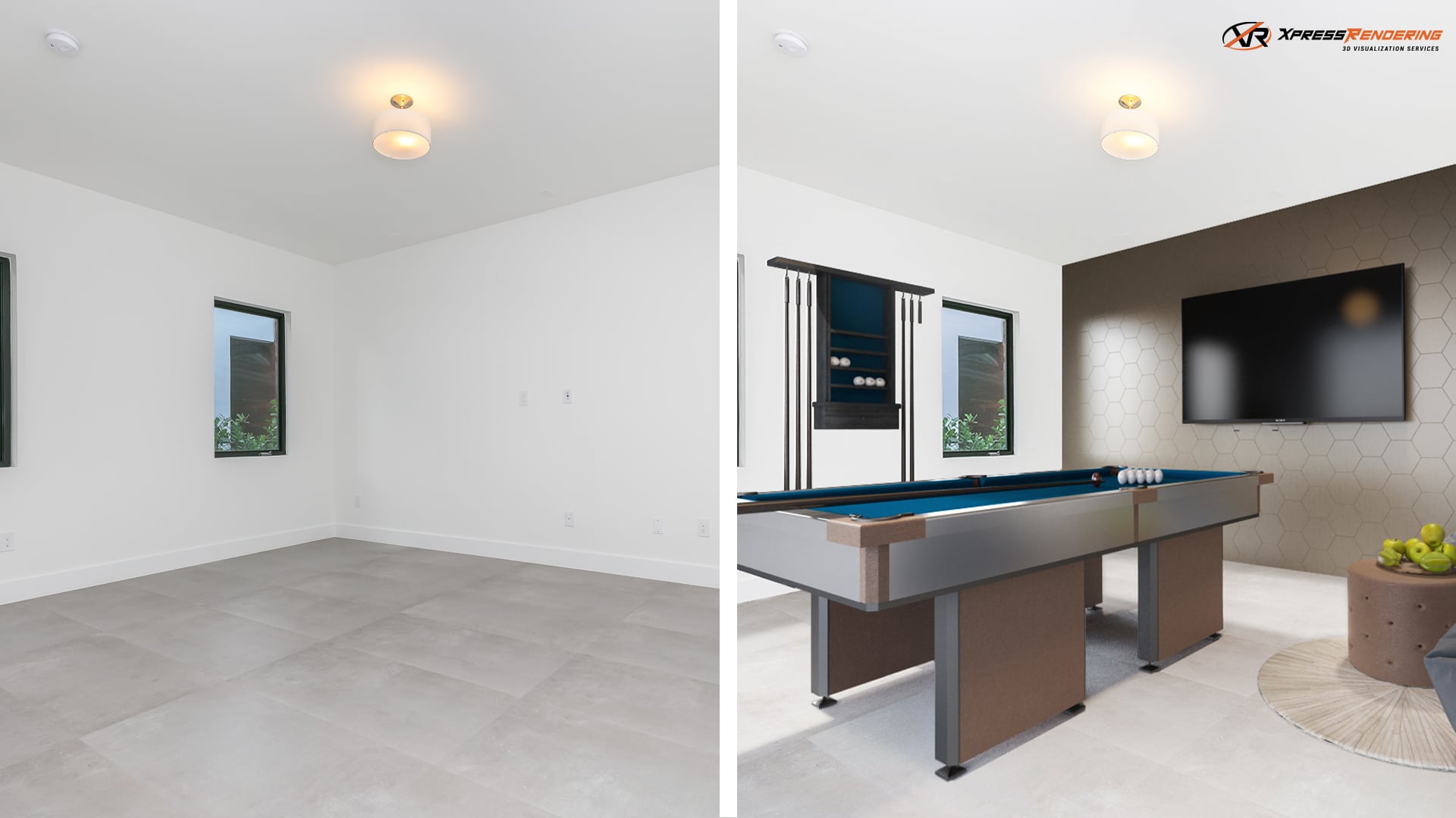 A side-by-side comparison of a empty home and a virtually staged home using 3D renderings