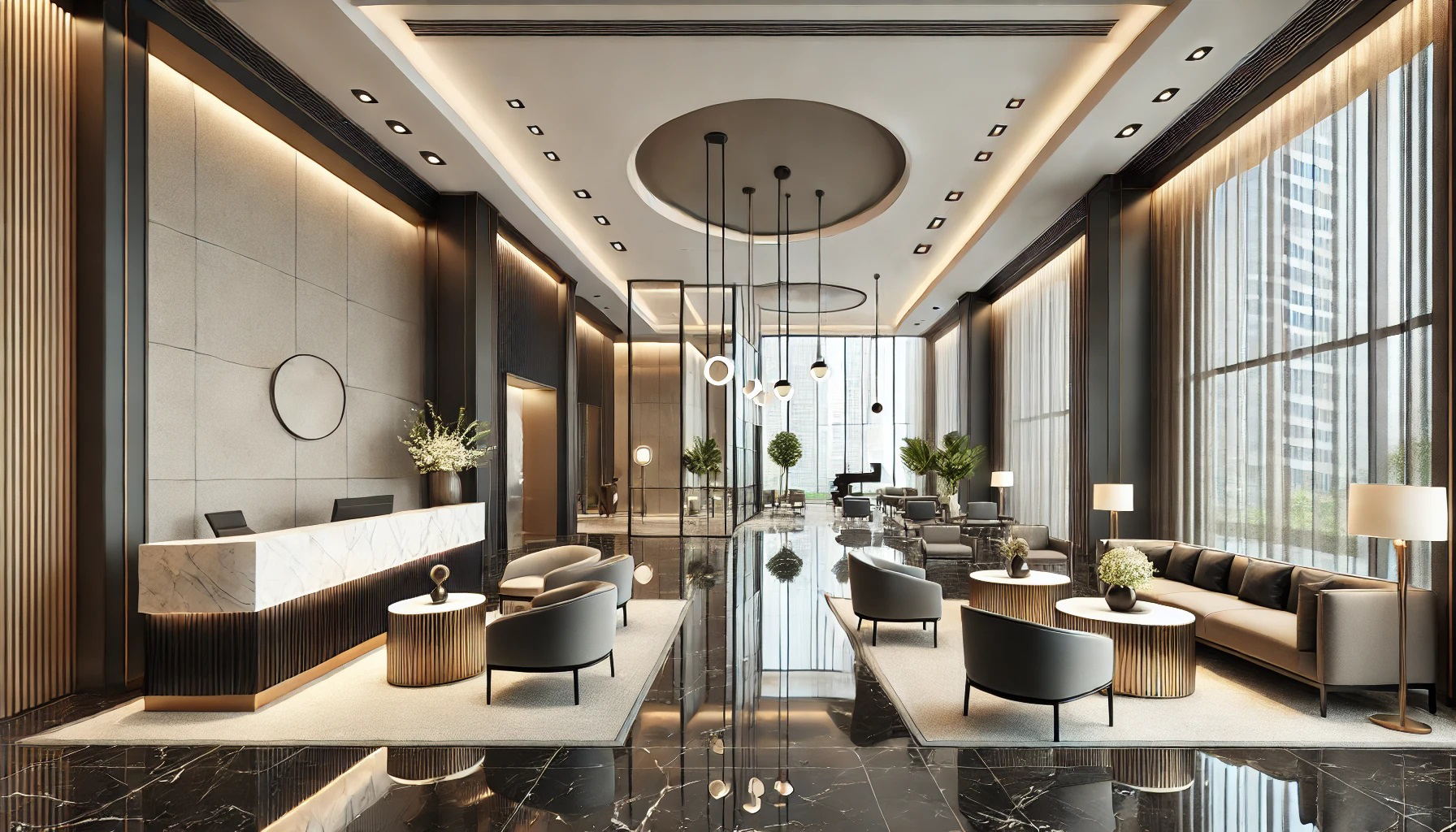 3D rendering of a luxurious commercial office lobby designed by an Interior design business for a premium client, featuring sleek lines and modern lighting 