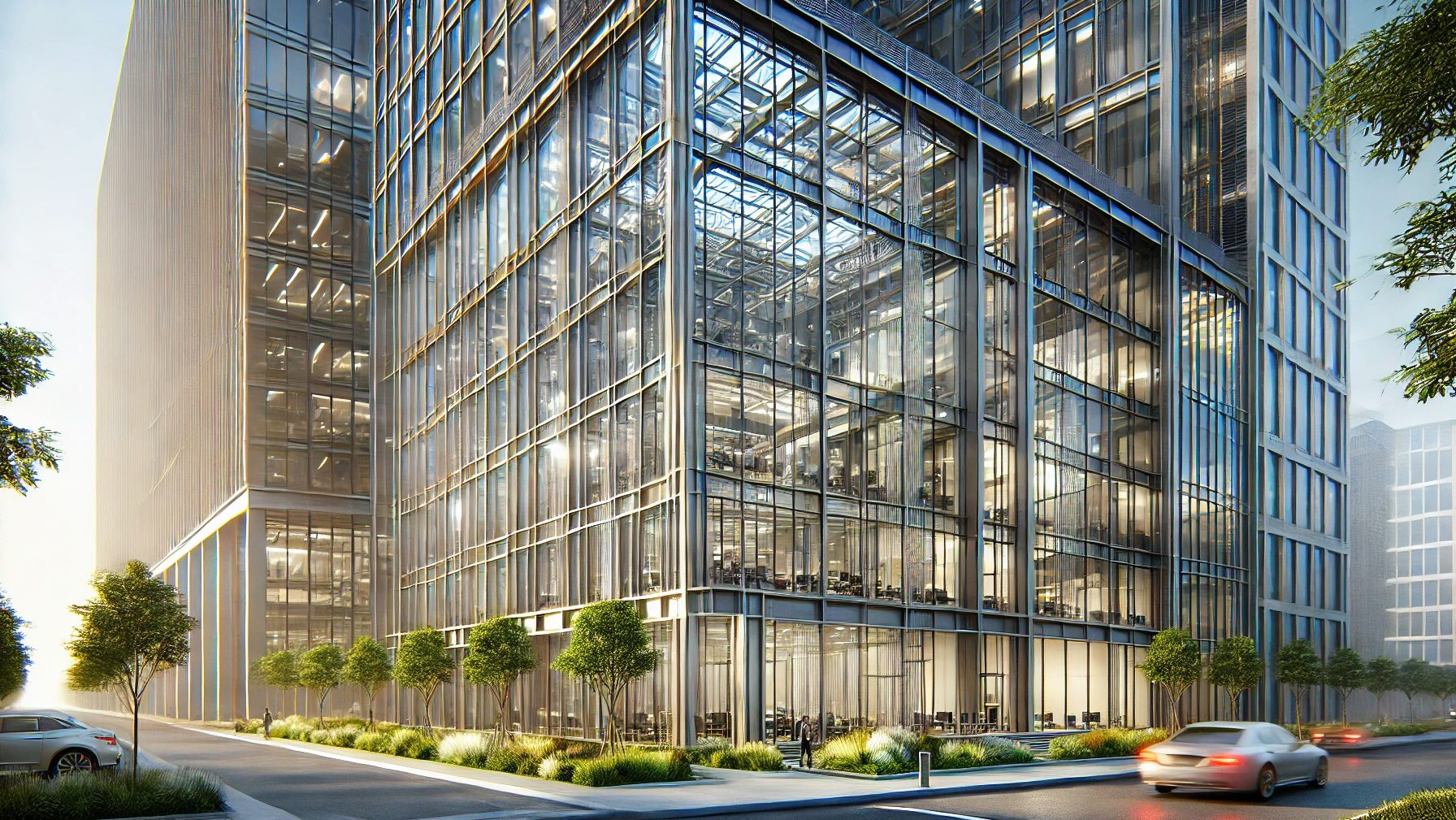 Photorealistic architectural rendering of a modern office building with glass and steel elements