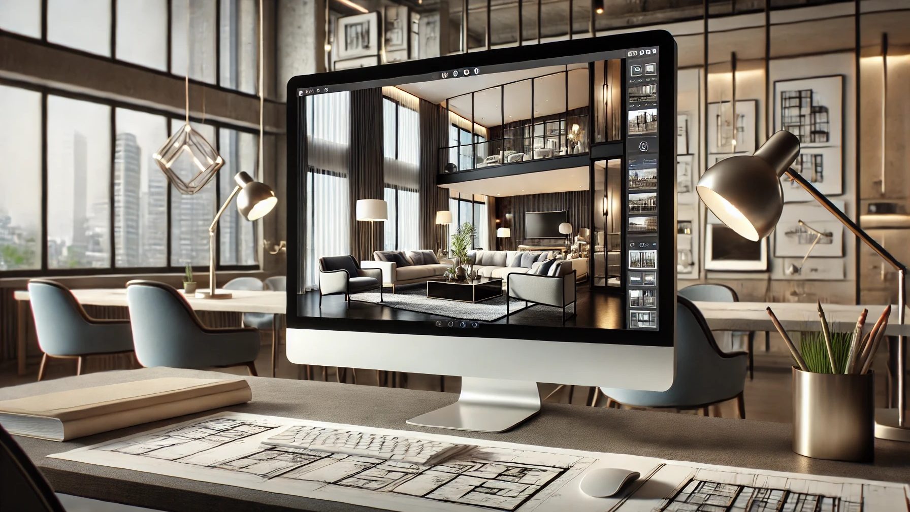 PC in a modern architectural office showing a 3D rendering of a luxurious living room with floor-to-ceiling windows and modern furnishings.