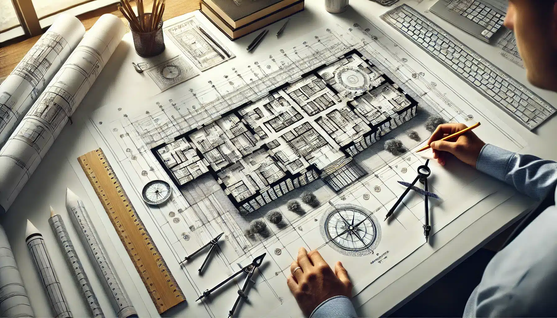 Detailed architectural blueprint on a desk with drafting tools in a professional workspace.