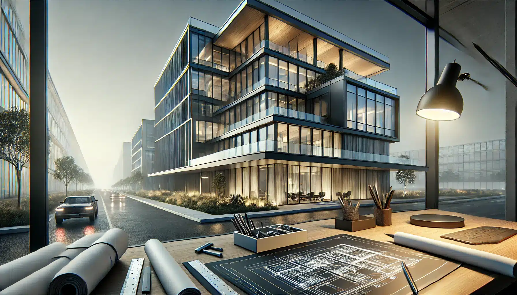 Photorealistic 3D rendering of a modern building