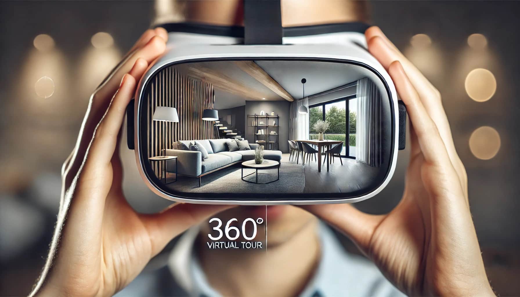 Close-up of VR360 headset lenses displaying a 360 virtual tour of a modern living room in a real estate property, with natural hands adjusting the headset.