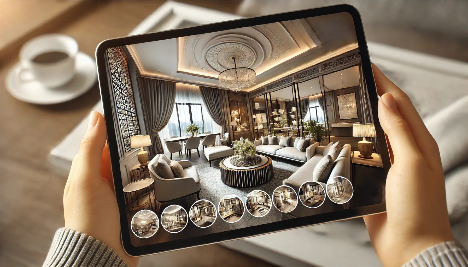 Tablet displaying a 360 virtual tour of a modern living room in a real estate property