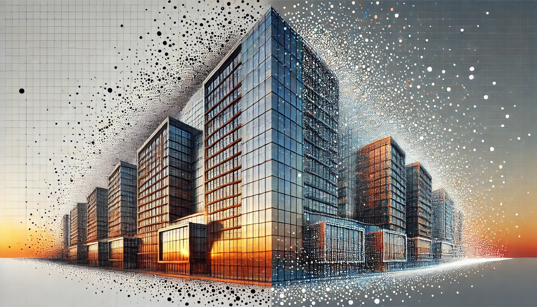 Realistic 3D rendering of a modern building created using small dots, representing different DPI levels. The image transitions from low DPI with larger, spaced-out dots to high DPI with smaller, denser dots, symbolizing the effect of DPI on rendering quality.