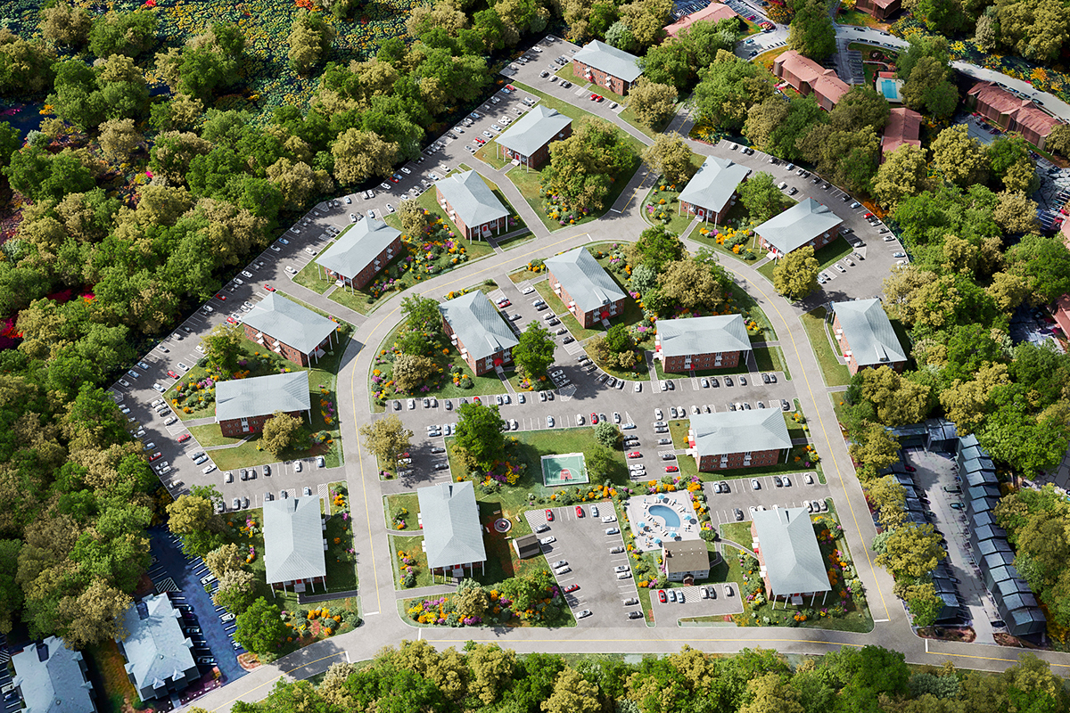 Site plan rendering of a residential development with houses and roads.