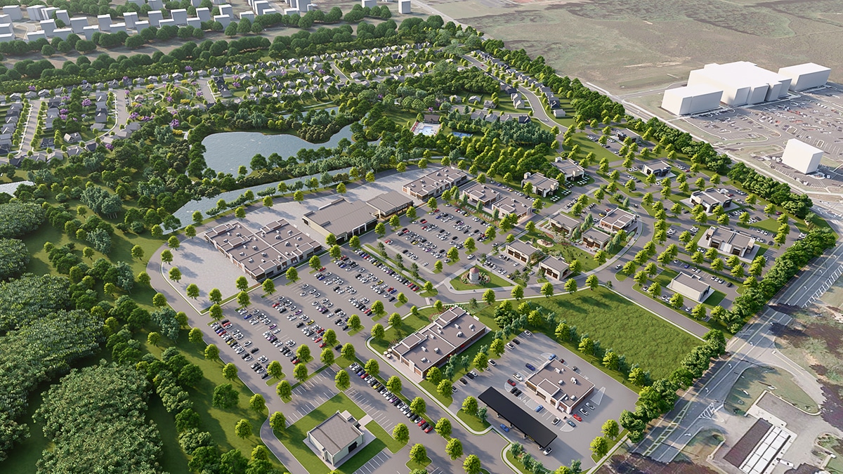 3D site plan rendering showing building layout, landscape, and infrastructure