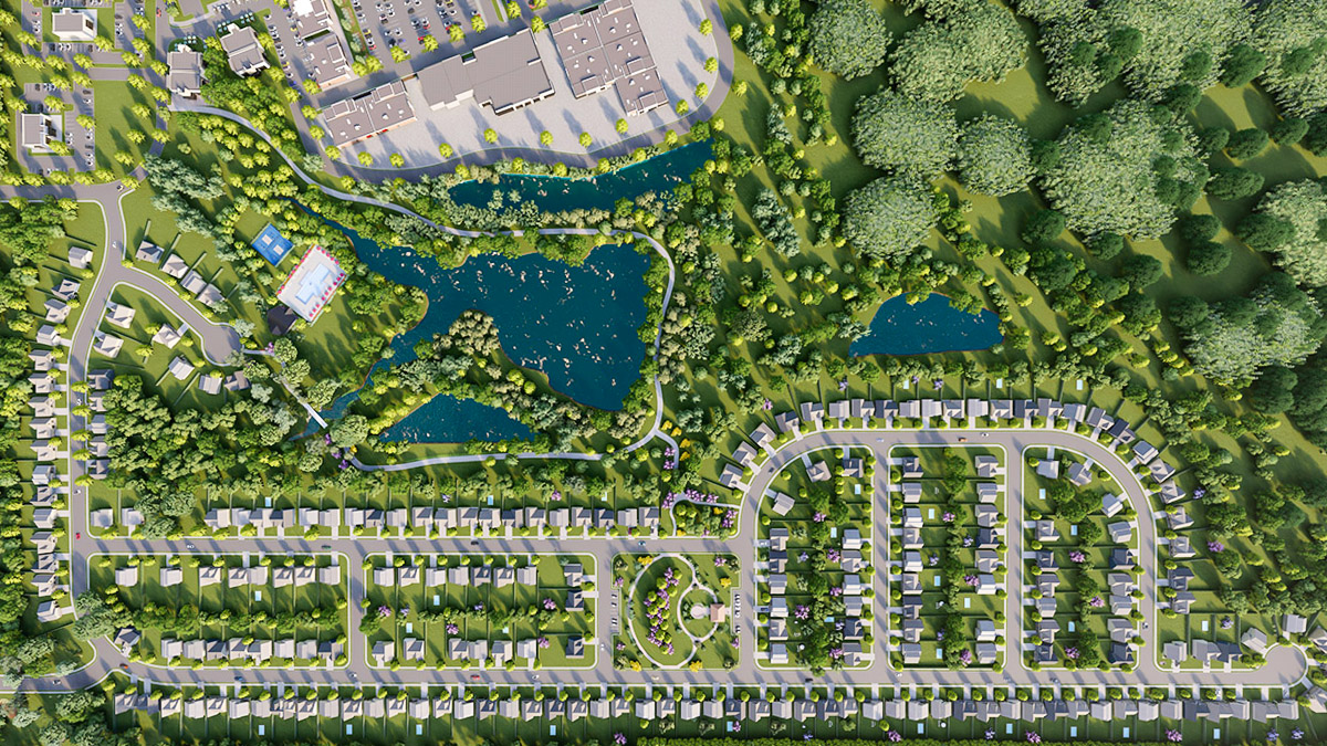 A site plan rendering of a residential complex viewed from a bird's-eye perspective, showcasing multiple buildings, roads, parking lots, and green spaces, with detailed landscaping and infrastructure layout.