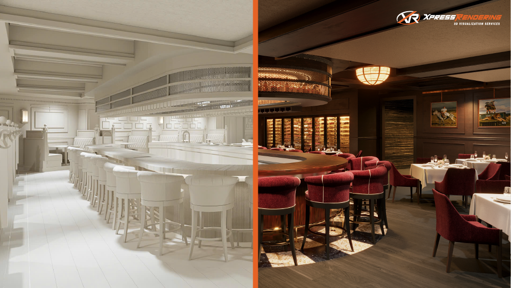 Restaurant comparation between 3D Modeling and 3D Rendering