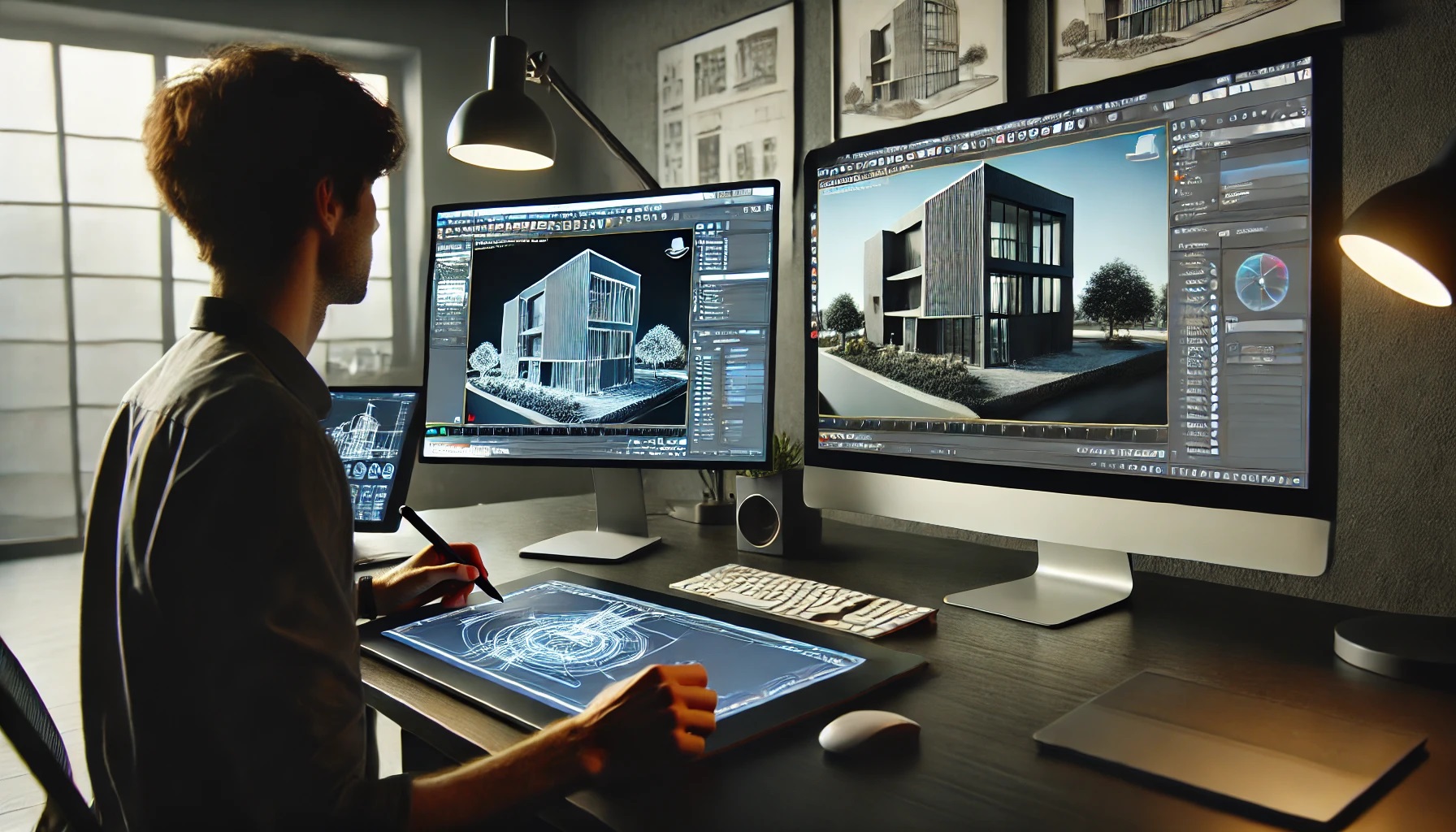 3D Artist using 3DS Max Software showcasing the process of animating a building