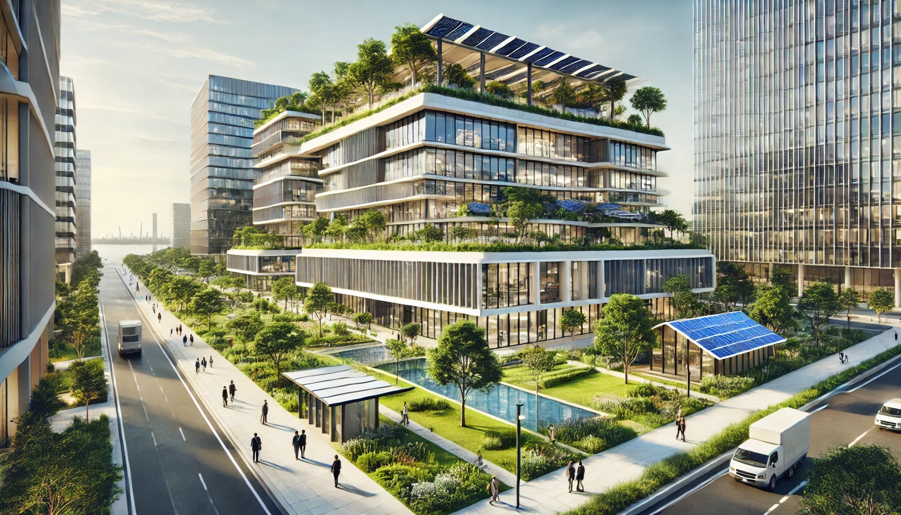 A 3D rendering of a sustainable architectural project demonstrates the principles of sustainable architecture, including optimized site layout, orientation, and natural lighting.