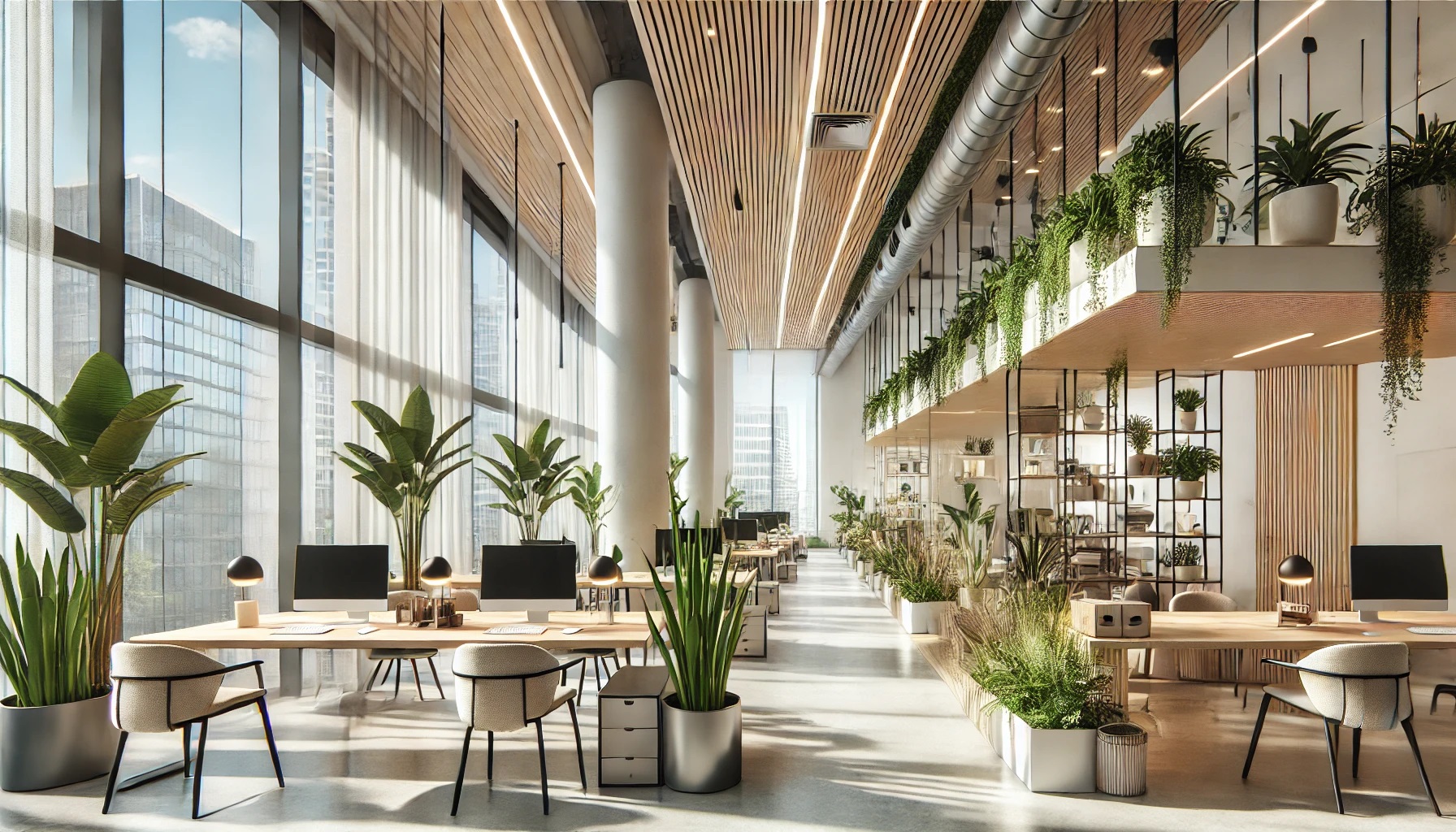 Interior rendering of a sustainable workspace with natural ventilation, plants, and low-VOC materials. Create a clean, airy feel to highlight indoor air quality improvements.