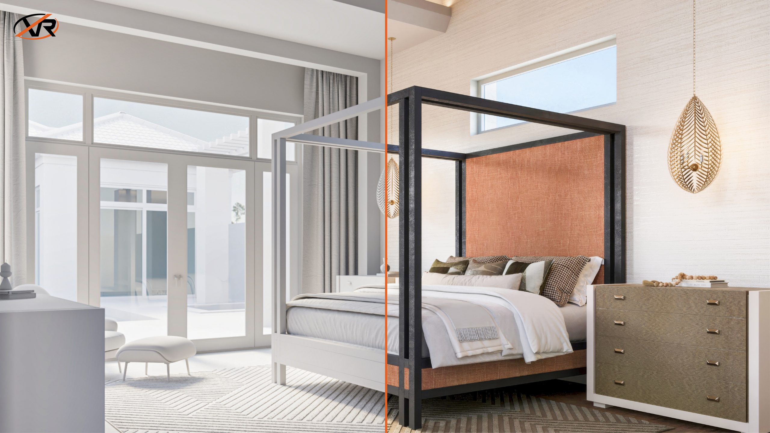 3D architectural animation of a bedroom showing the 3D Modeling compared with the final 3D rendering