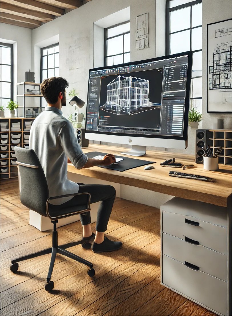 A 3D artist working on a detailed 3D architectural animation using 3ds Max software in a bright, organized studio with wooden elements and natural lighting.