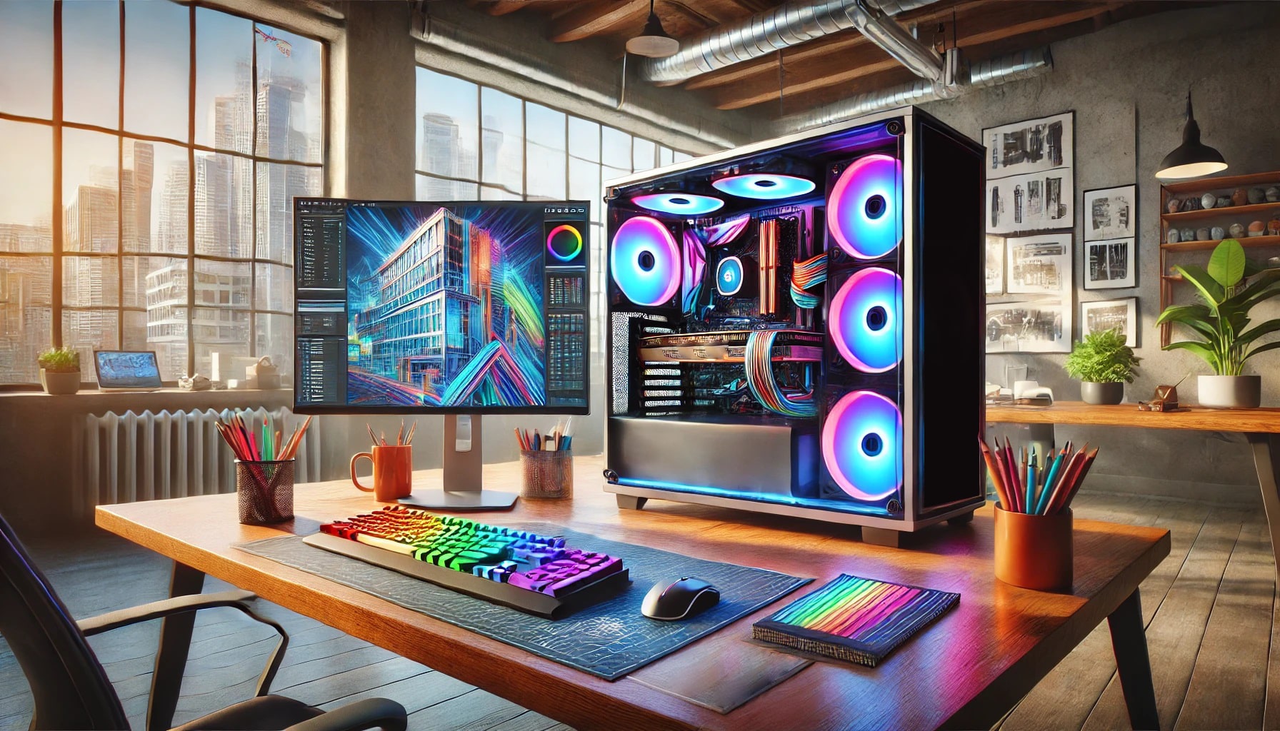  A visualization of a computer with a powerful GPU setup, rendering a 3D scene for architectural visualization.