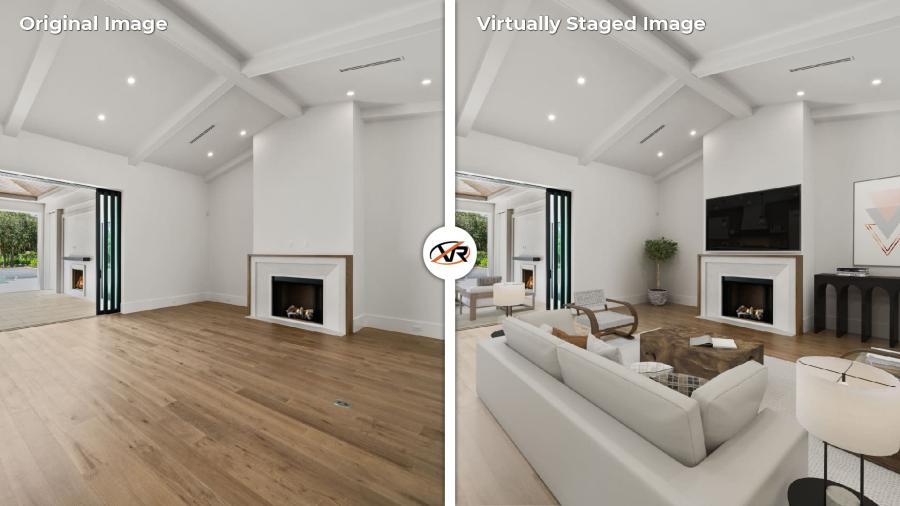 Virtual staged image of a living room in a modern house