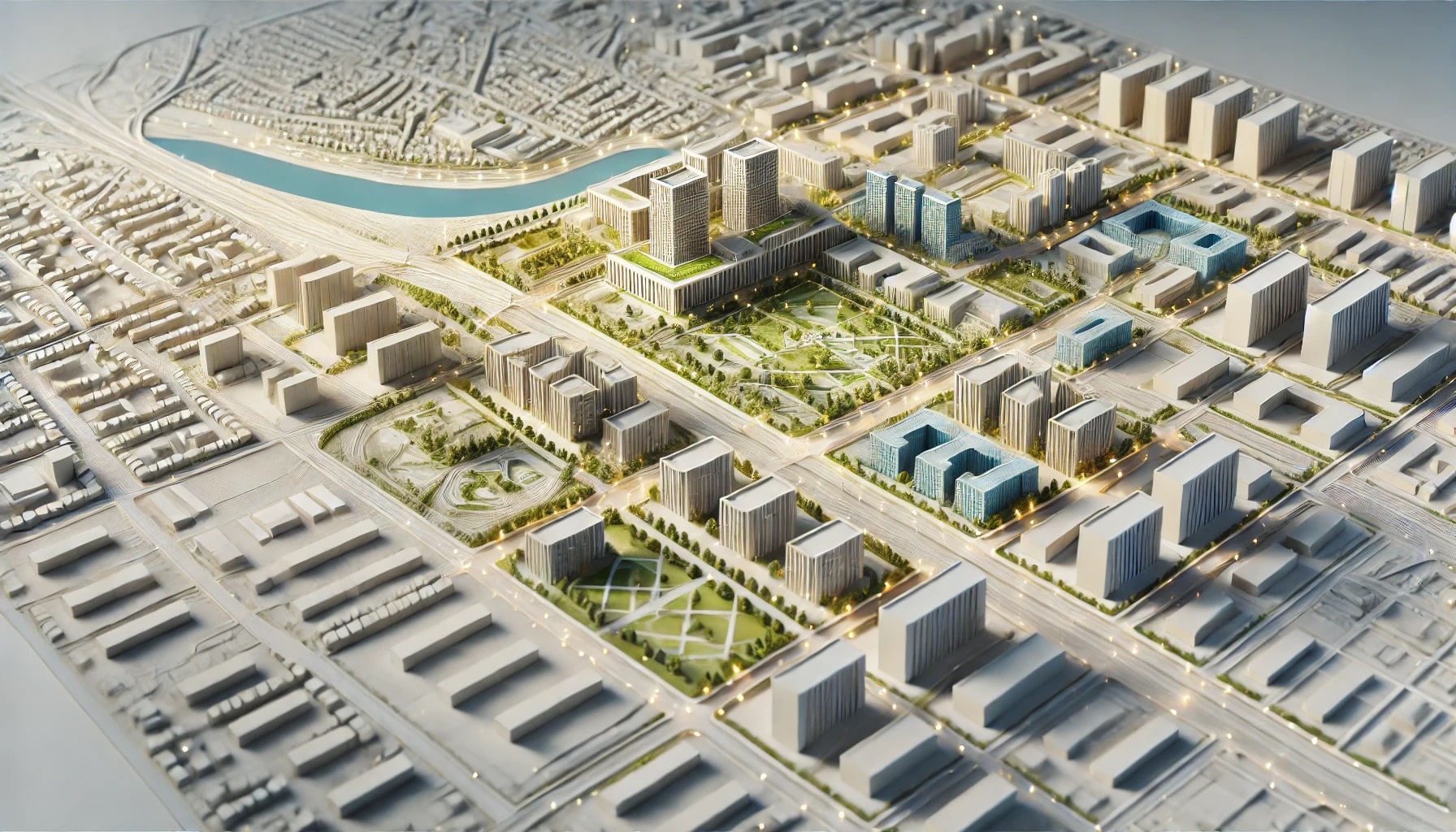 A 3D architectural rendering of a conceptual city model, showcasing a bird’s-eye view of an urban development.