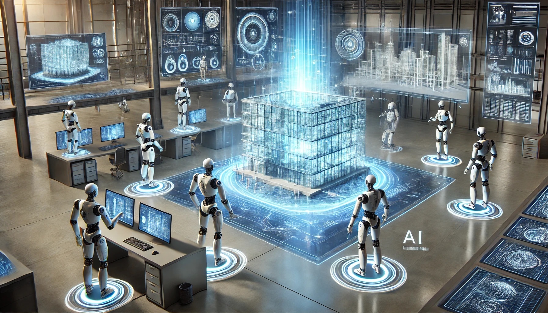 A conceptual image of robots and AI algorithms interfacing with a digital building model, showcasing futuristic collaborations in 3D Architecture.