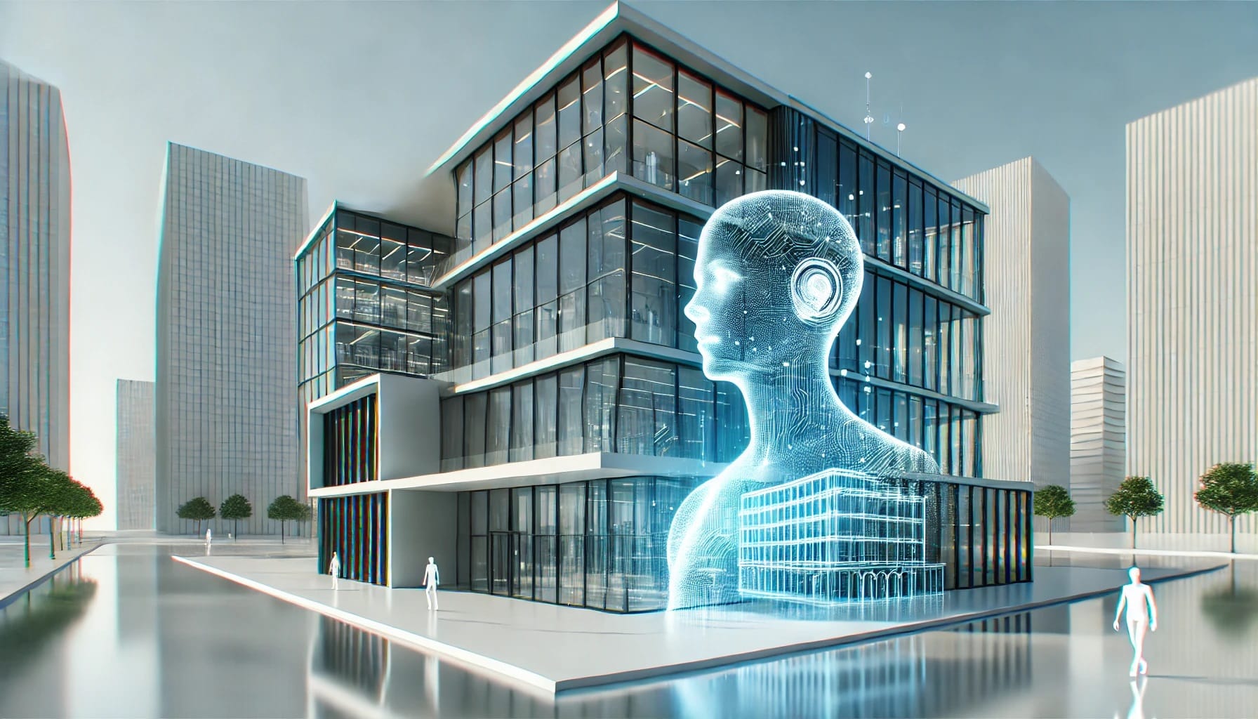 A sleek, modern 3D-rendered building with glass facades and sharp lines, set against a glowing, translucent AI silhouette that symbolizes the AI responsible for designing the structure. The image highlights the meaning of AI in 3D Architecture.