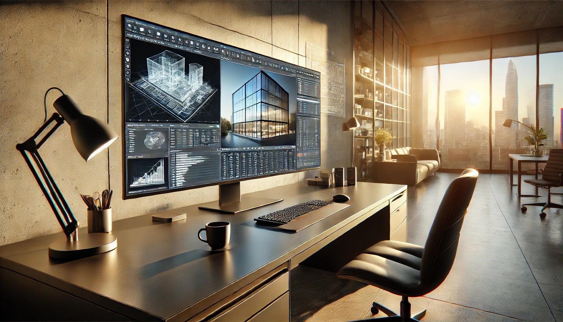 A sleek architectural office setup with an AI-driven 3D modeling software open on a large screen, showcasing real-time design suggestions