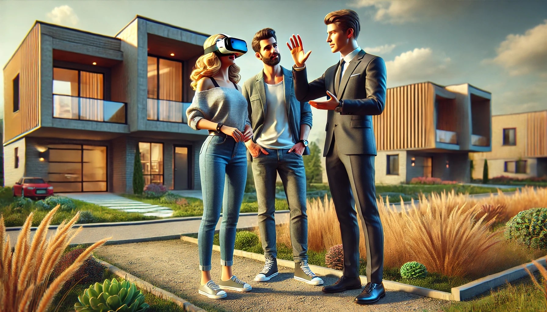 A realtor showing a modern couple their future home with VR360 technology