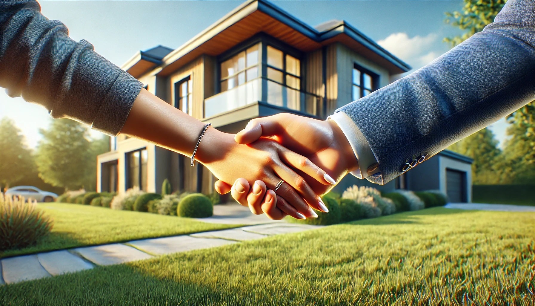 Realtor shaking hands with his client, with a modern home in the background. Representing modern closing techniques for real estate.