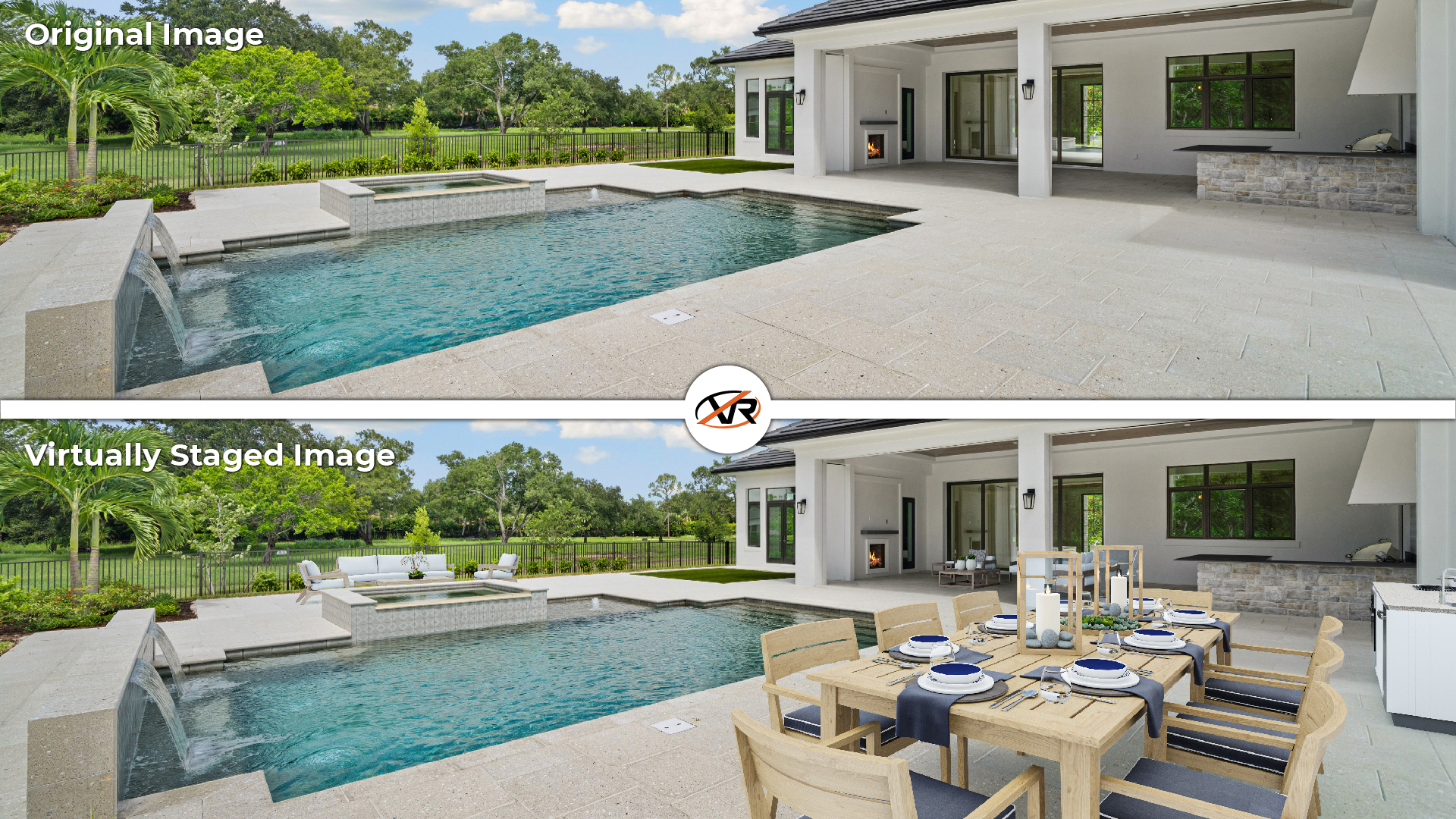 Virtual staged image of a pool in a modern house