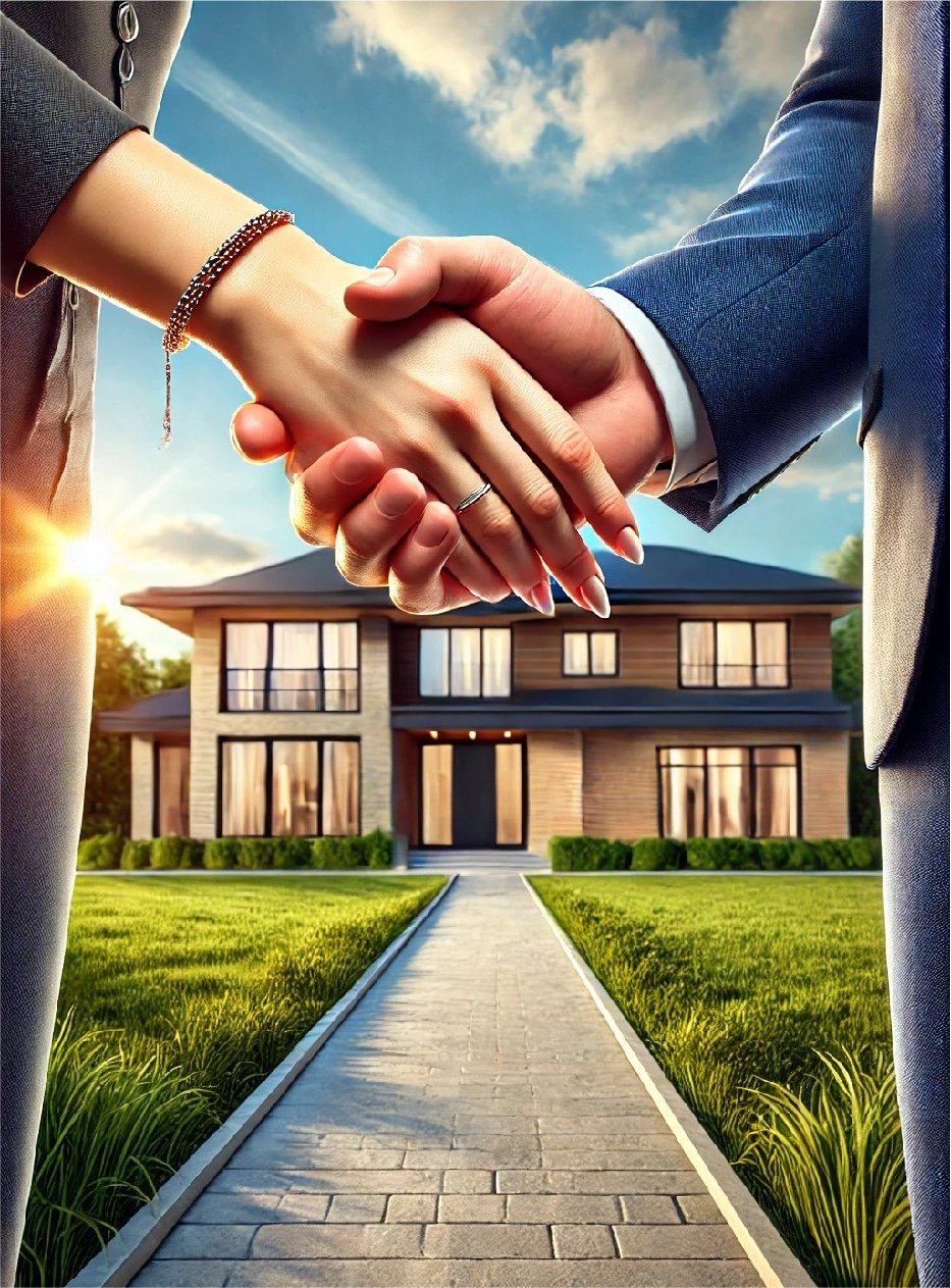 Realtor shaking hands with his client, with a modern home in the background