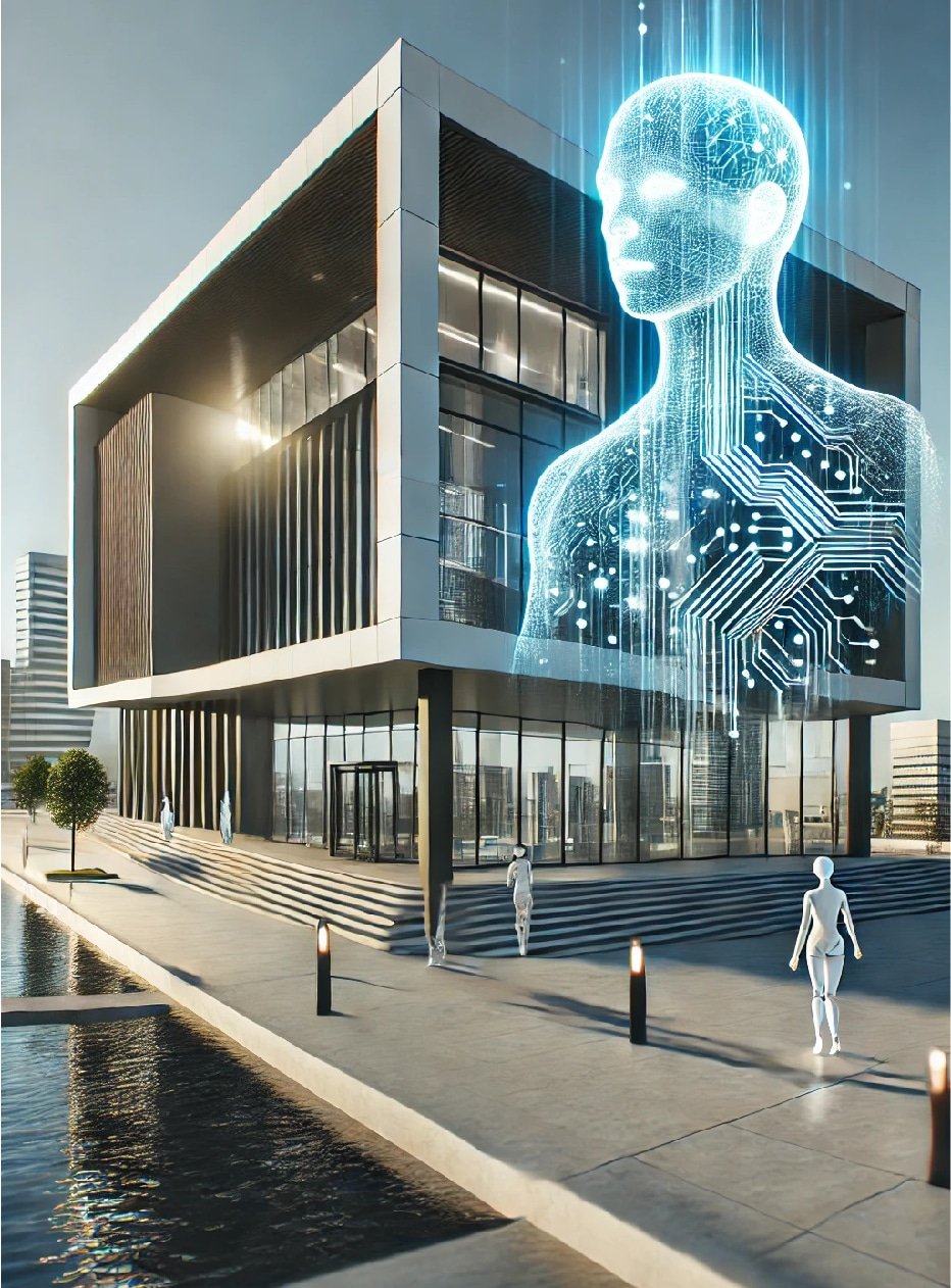 A sleek, modern 3D-rendered building with glass facades and sharp lines, set against a glowing, translucent AI silhouette that symbolizes the AI responsible for designing the structure. The image highlights the meaning of AI in 3D architecture.