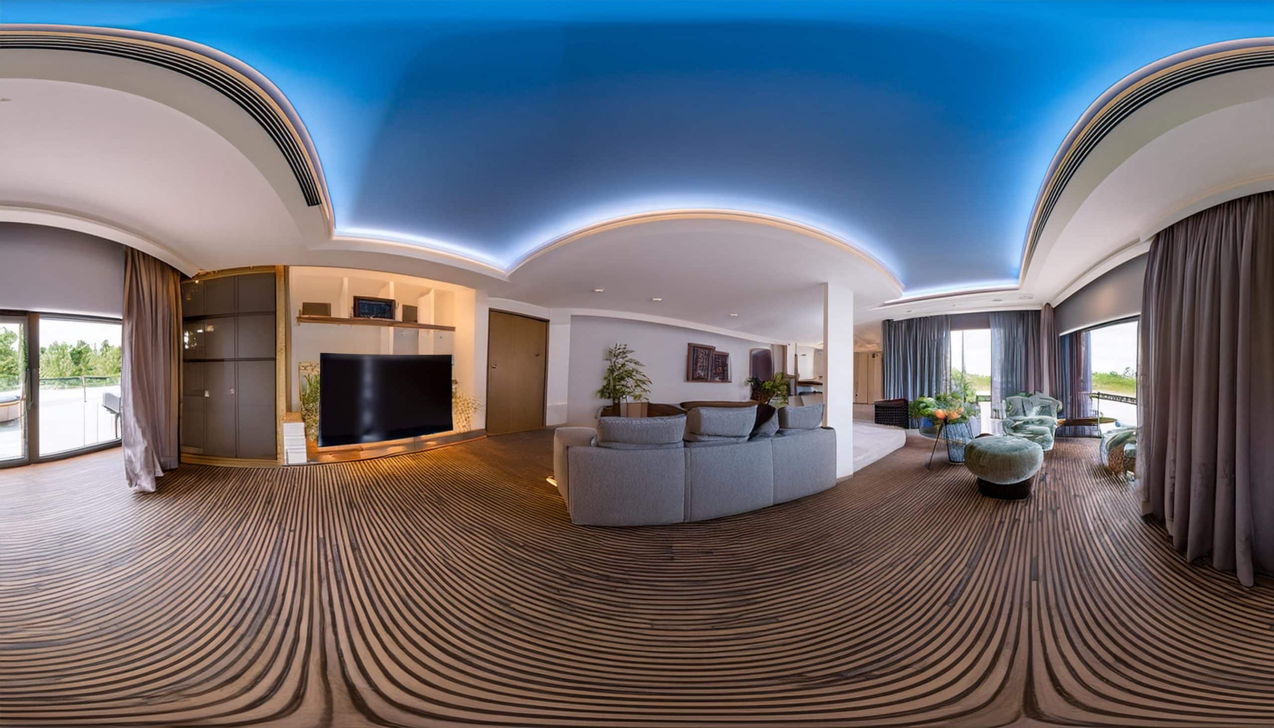 High-quality 360 virtual tour of a luxury apartment with interactive elements.