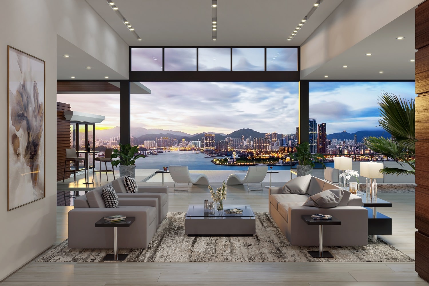 3D Interior rendering of a living room with large windows and a city view