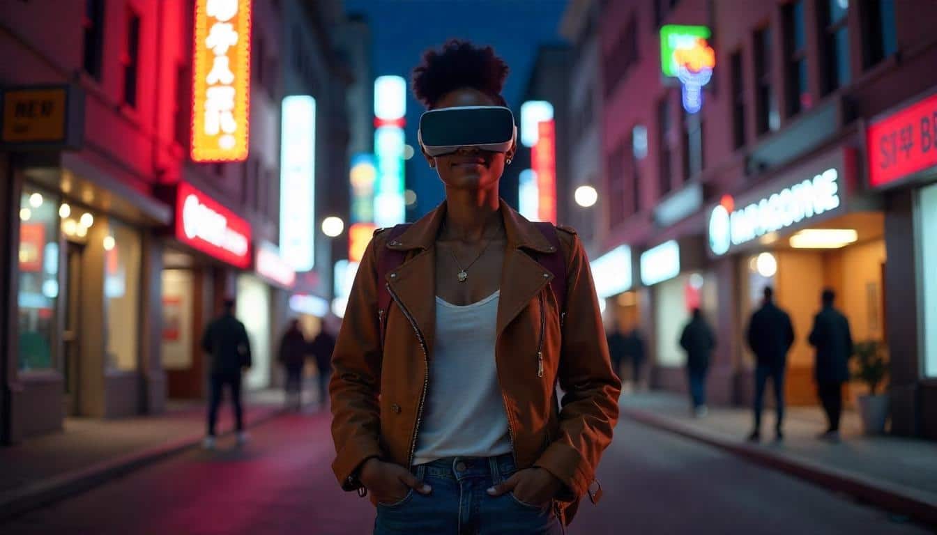 Woman using VR glasses visualizing the street