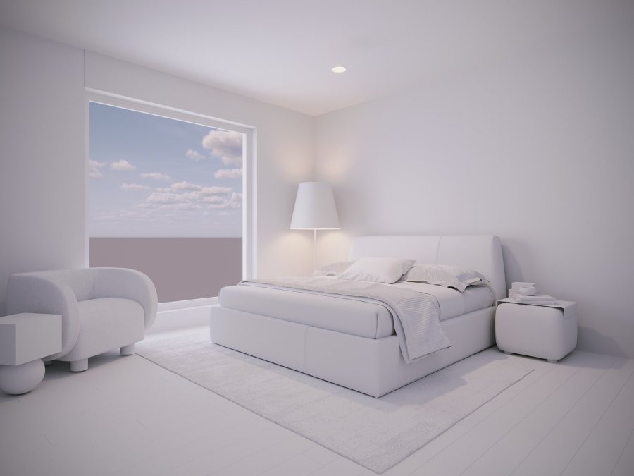 3D Modeling of a bedroom with a large window3D