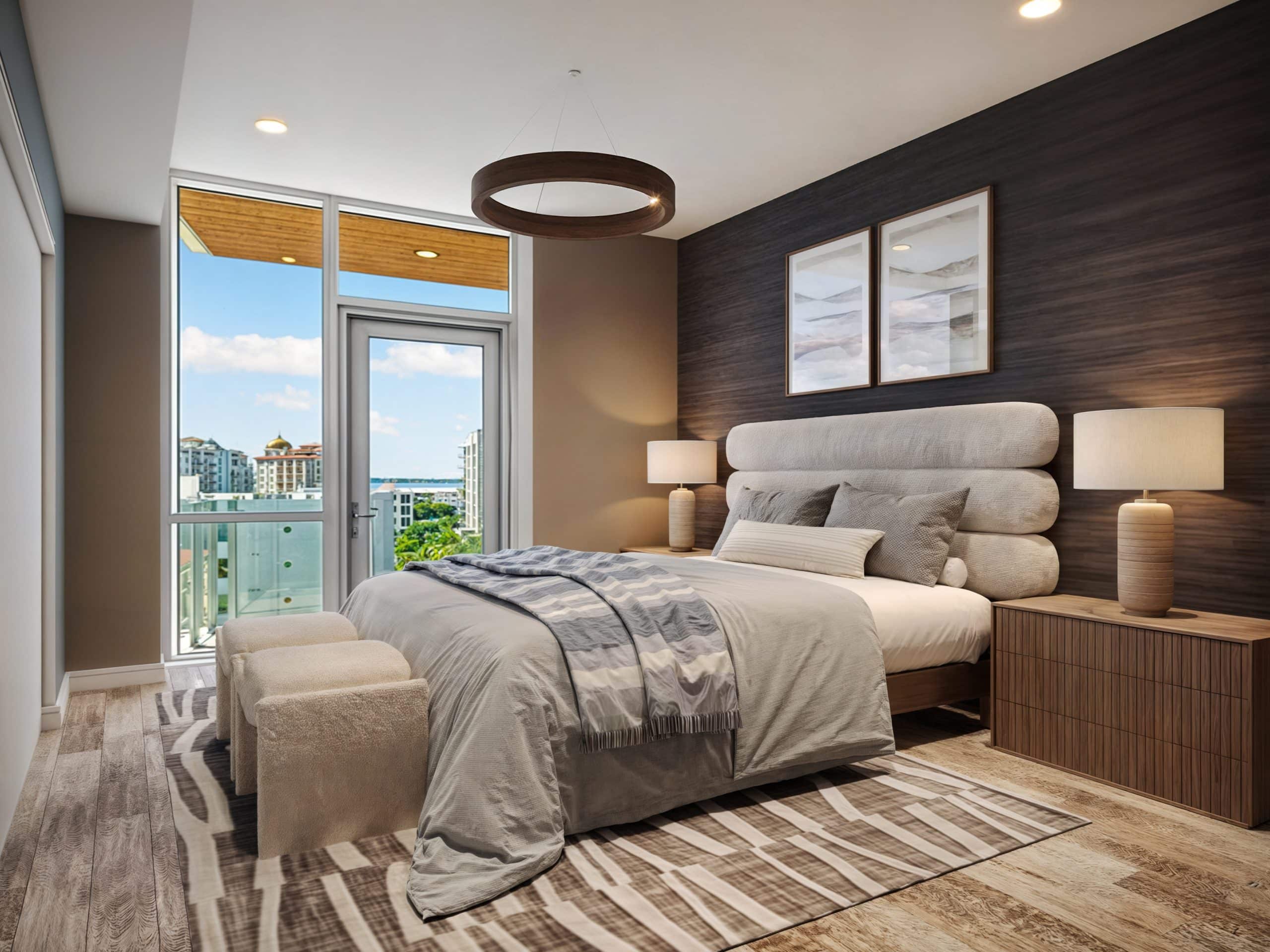 3D interior rendering of a bedroom with a large bed and a glass door