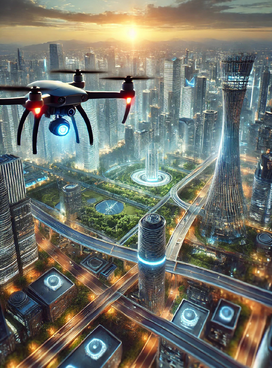 Drone capturing a city image to create a realistic aerial view 3D rendering