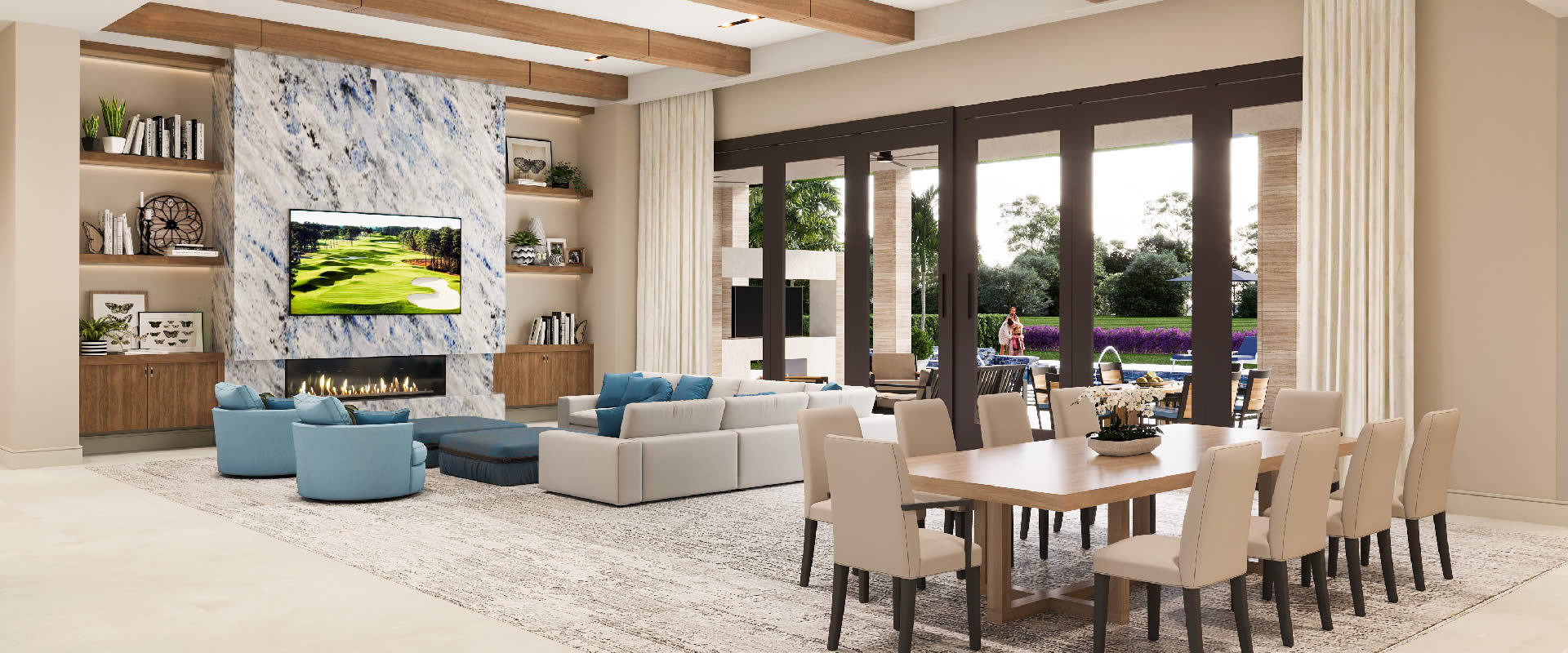 Modern living room with beige and blue decorations