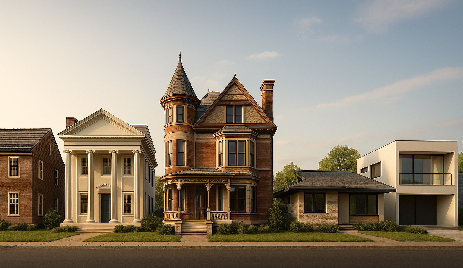 A visual timeline showcasing major styles of American architecture, from Colonial to contemporary designs.
