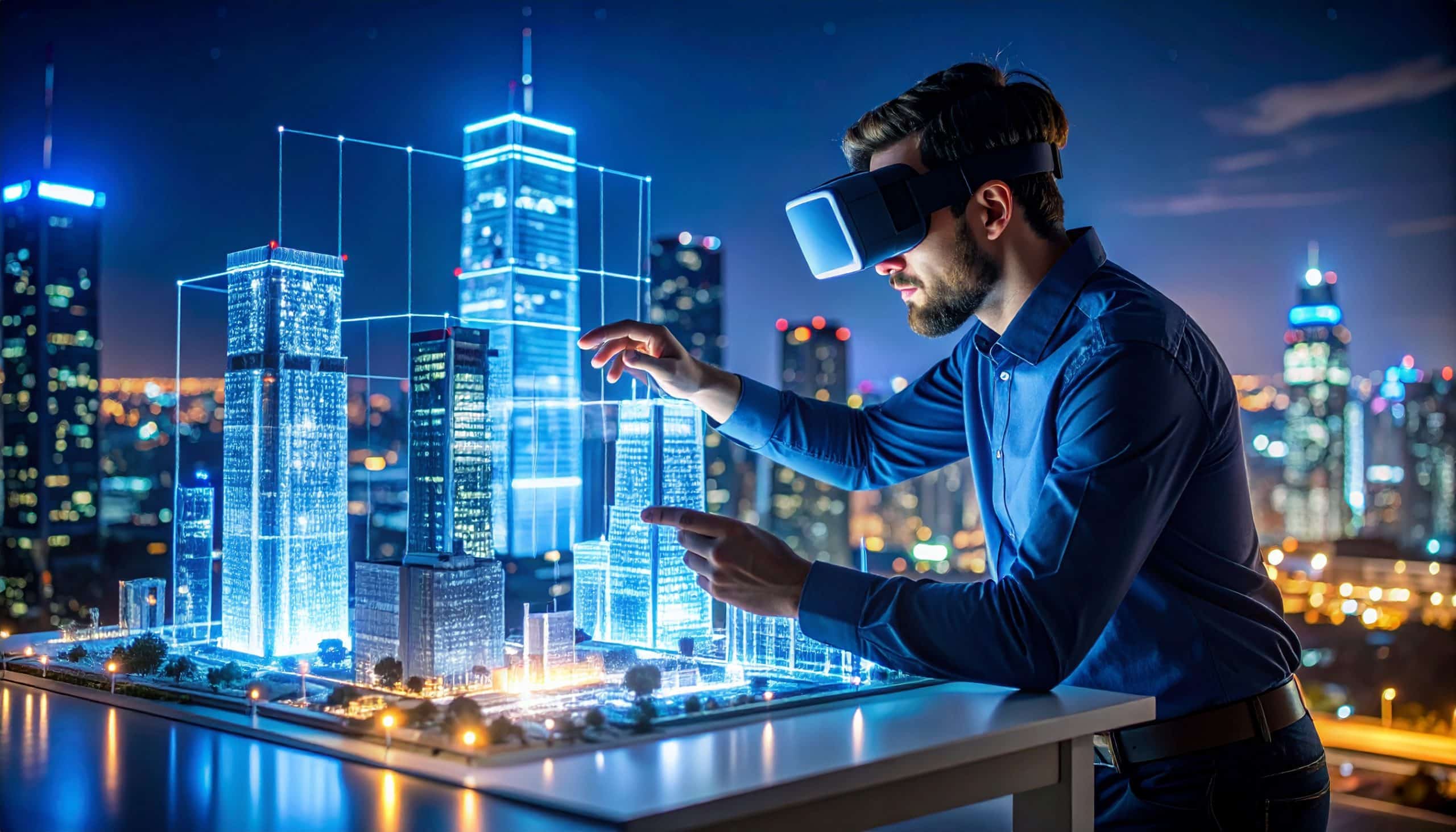 AI In architecture: An augmented reality architect designs glowing structures in a futuristic cityscape using AR glasses at night