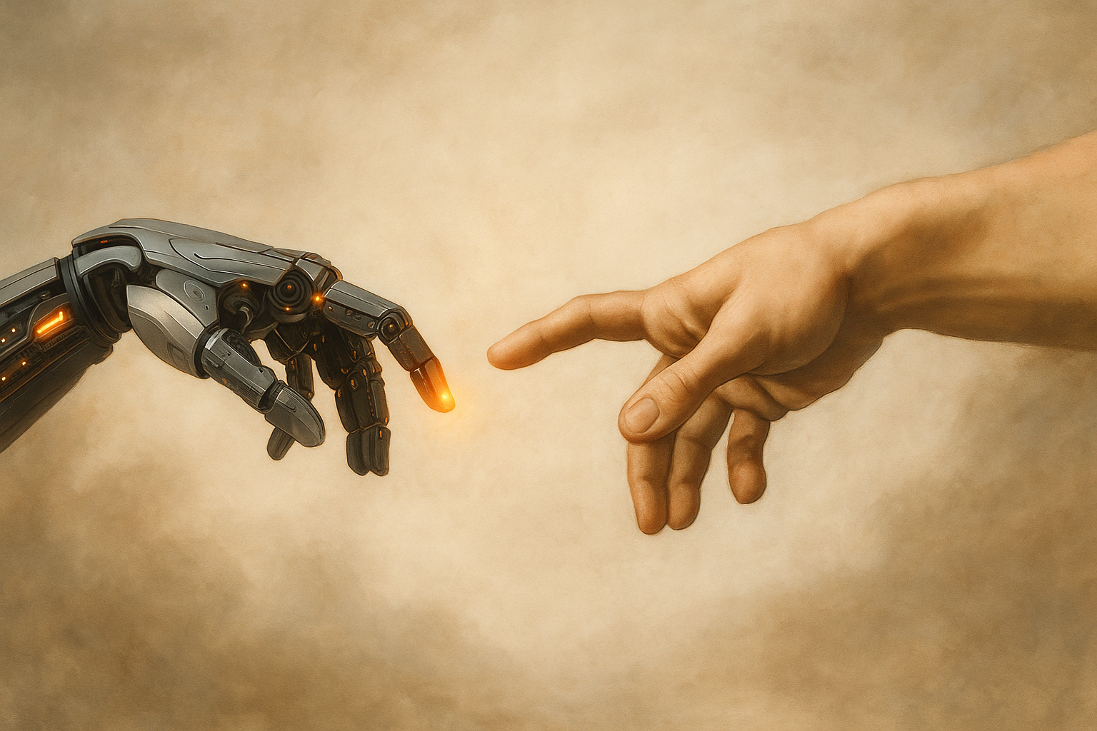 Will AI Replace Architects? Human hand touching robot hand