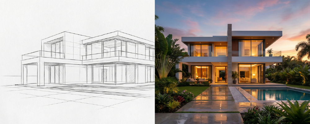 How to Choose the Right 3D Rendering Company? - Split screen comparison. between a clay model and 3D Render