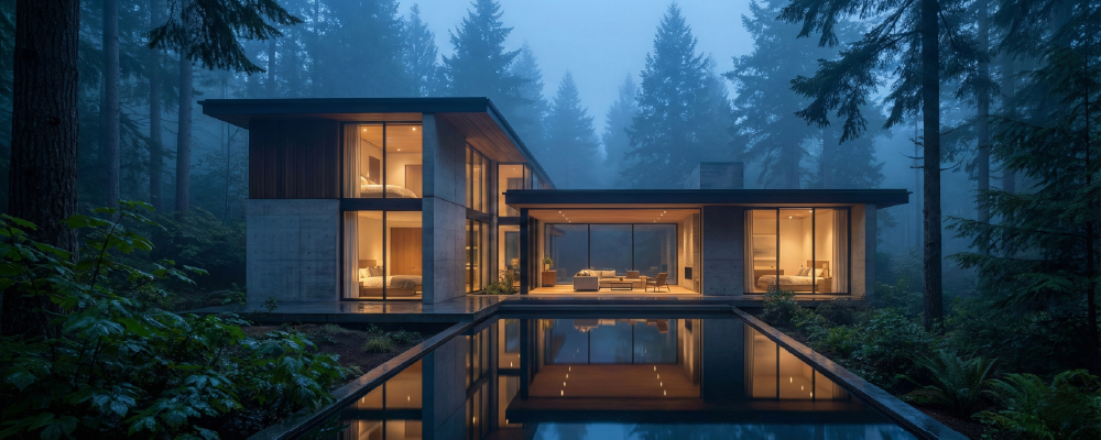 a glass and concrete modern home in a forest setting at blue hour.