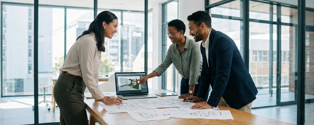 A team of three architects and 3D artists standing around a large table looking at architectural plans and a laptop screen