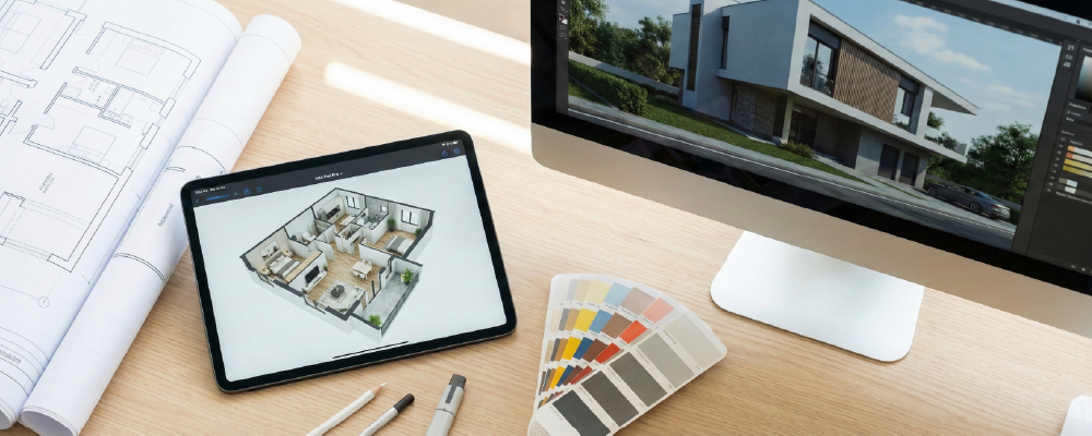 Top-down view of a modern architect's desk