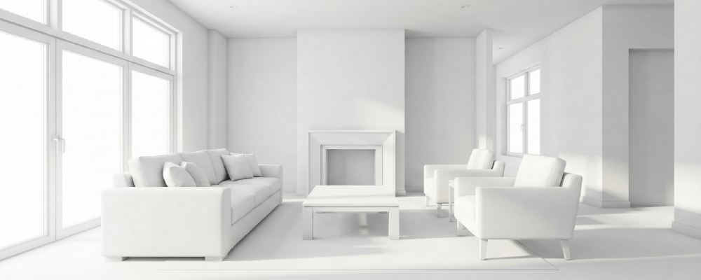 Architectural visualization of a modern living room in 'Clay Mode' or 'White Mode'.